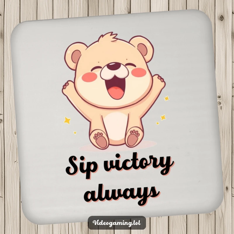 Funny drink coaster with a happy bear cub laughing hysterically at a pixelated video game victory.