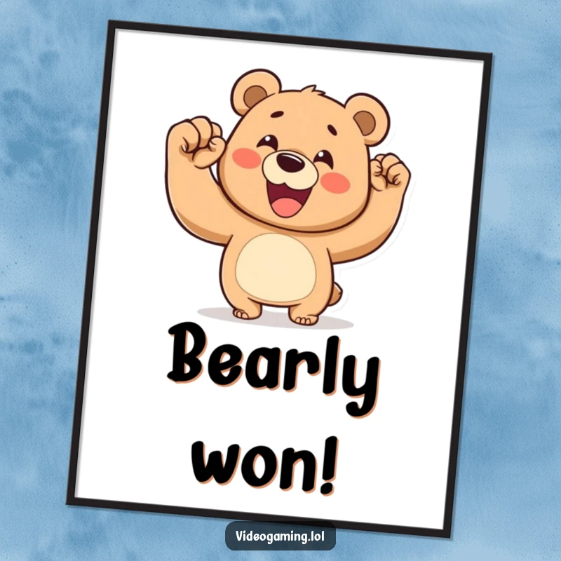 Funny poster art of a happy bear pumping its fist in a gesture of victory and pure joy.