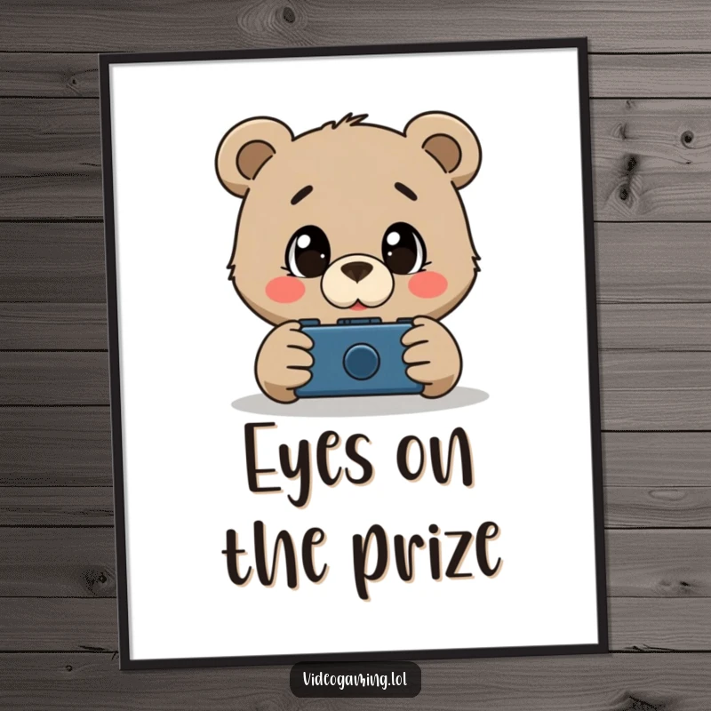 Funny poster of a curious bear with huge, amazed eyes transfixed by the spectacle of a video game screen.