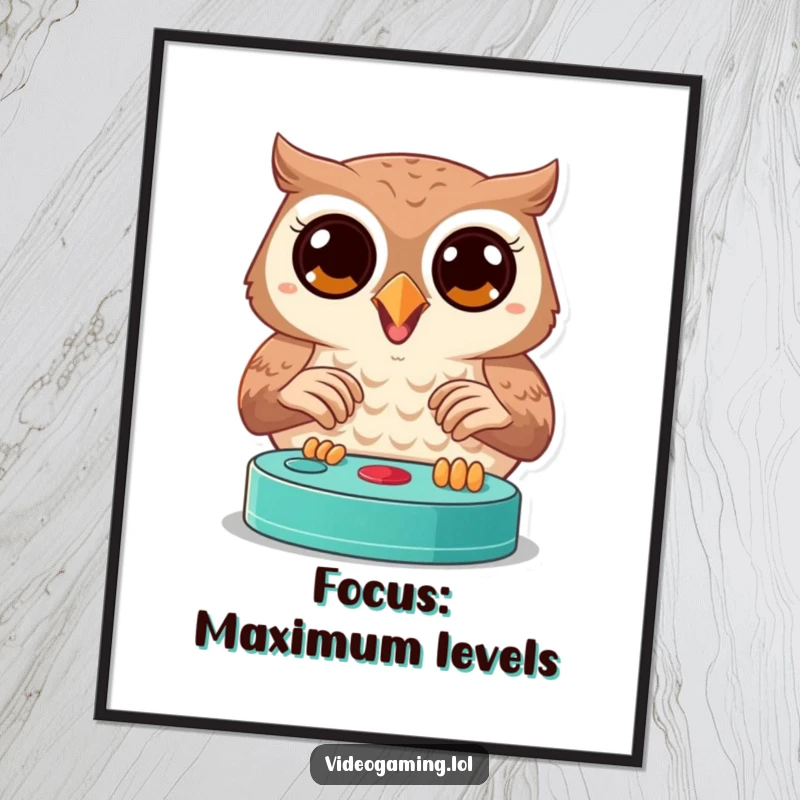 Funny owl poster showing a joyful bird with wide, focused eyes deeply engaged in a video game, gamer wall art.