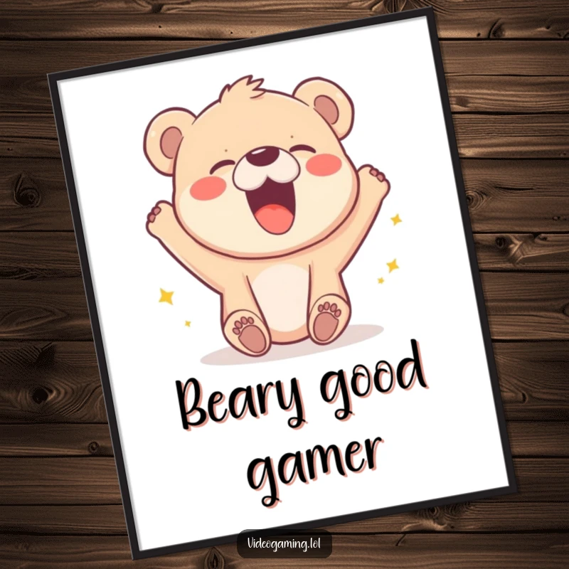 Funny poster art showing a happy bear cub laughing uncontrollably at a pixelated video game win.