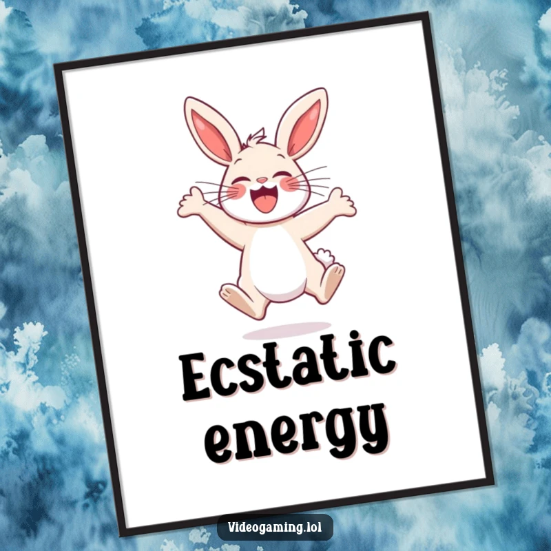 Funny Bunny Excitement Poster: A joyful bunny energetically jumps, its posture conveying immense excitement and happiness.