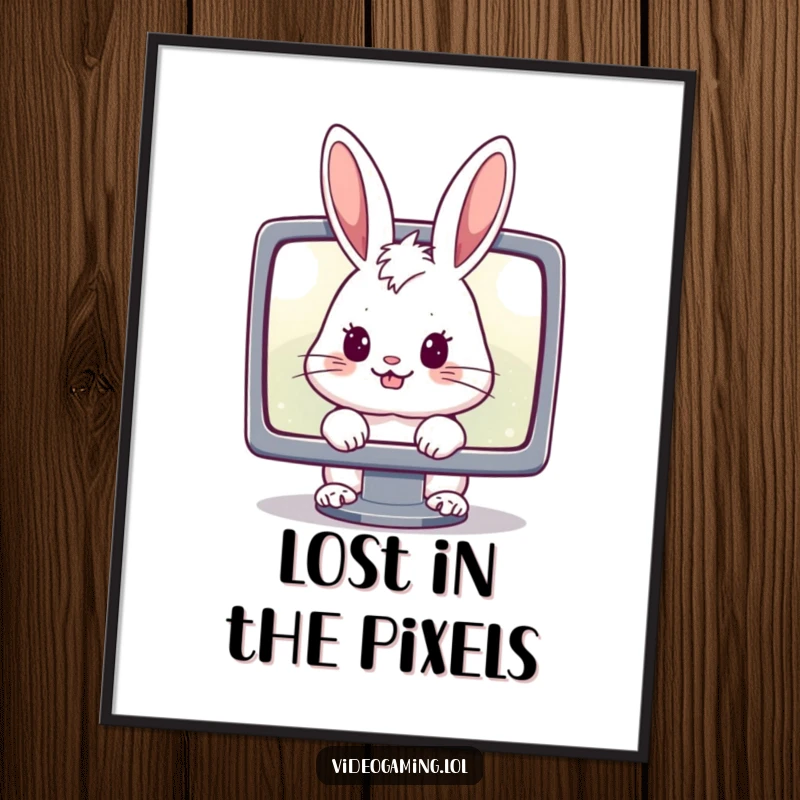 Funny poster art of a cheerful rabbit's intense gaze fixed on a luminous computer screen, representing gamer focus humorously.