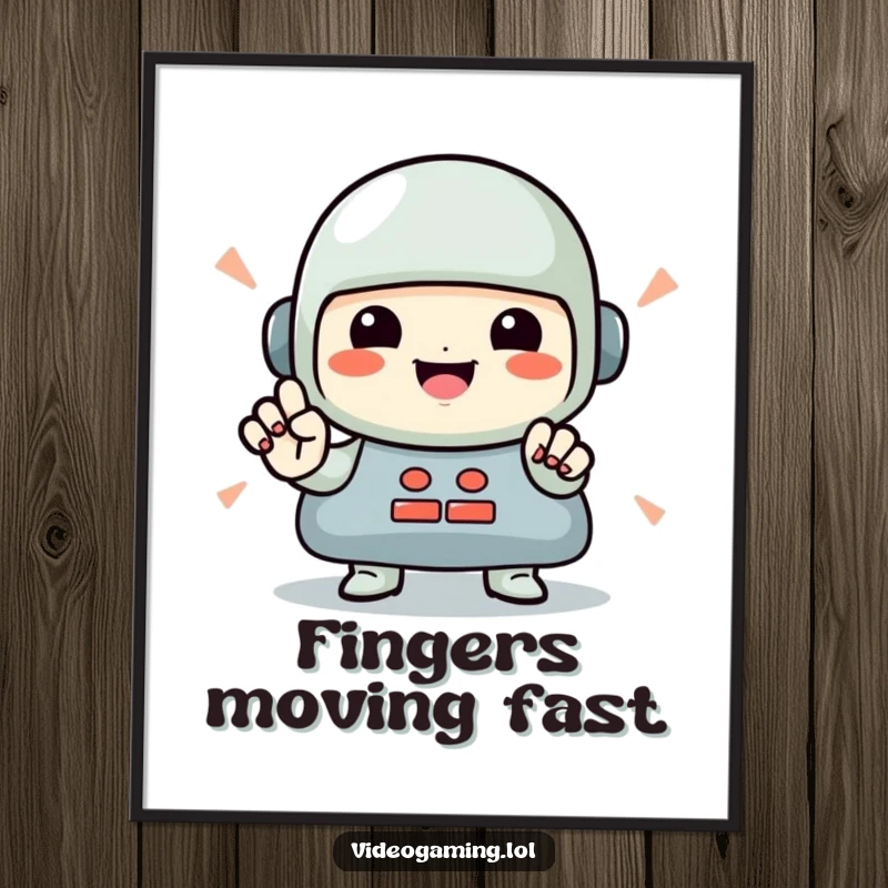 Funny Gamer Poster: A smiling character blurred by speed, performing countless rapid button presses in a gaming frenzy.