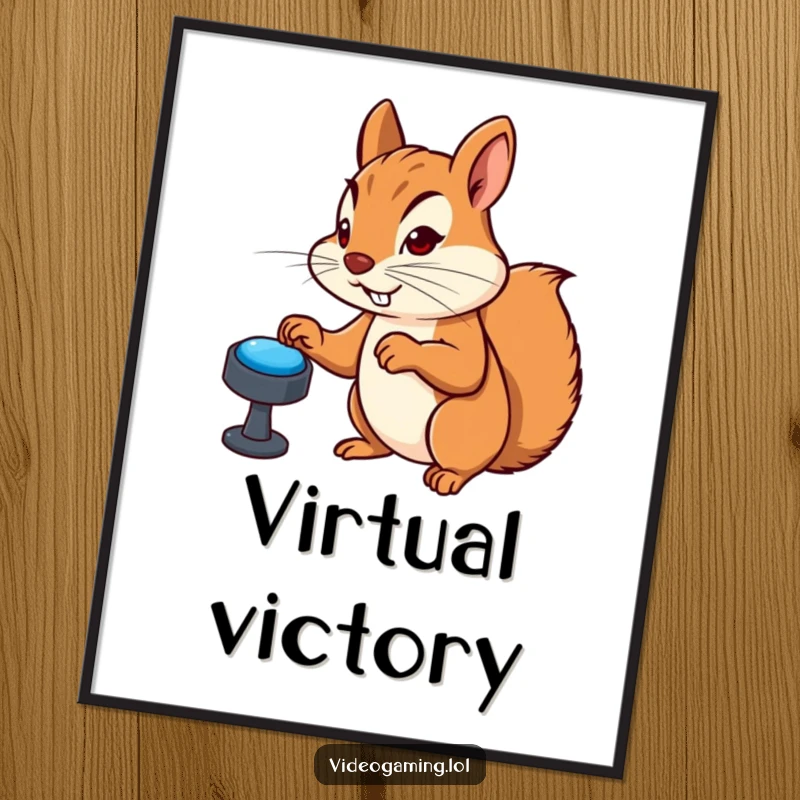 Funny poster of a determined squirrel furiously mashing virtual buttons during intense gaming, a cartoon character embodying gamer dedication.