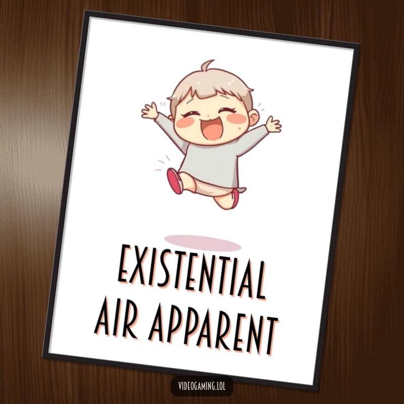 Funny poster depicting a giggling character mid-air during an exaggerated, floppy, clumsy jump, radiating comedic energy.