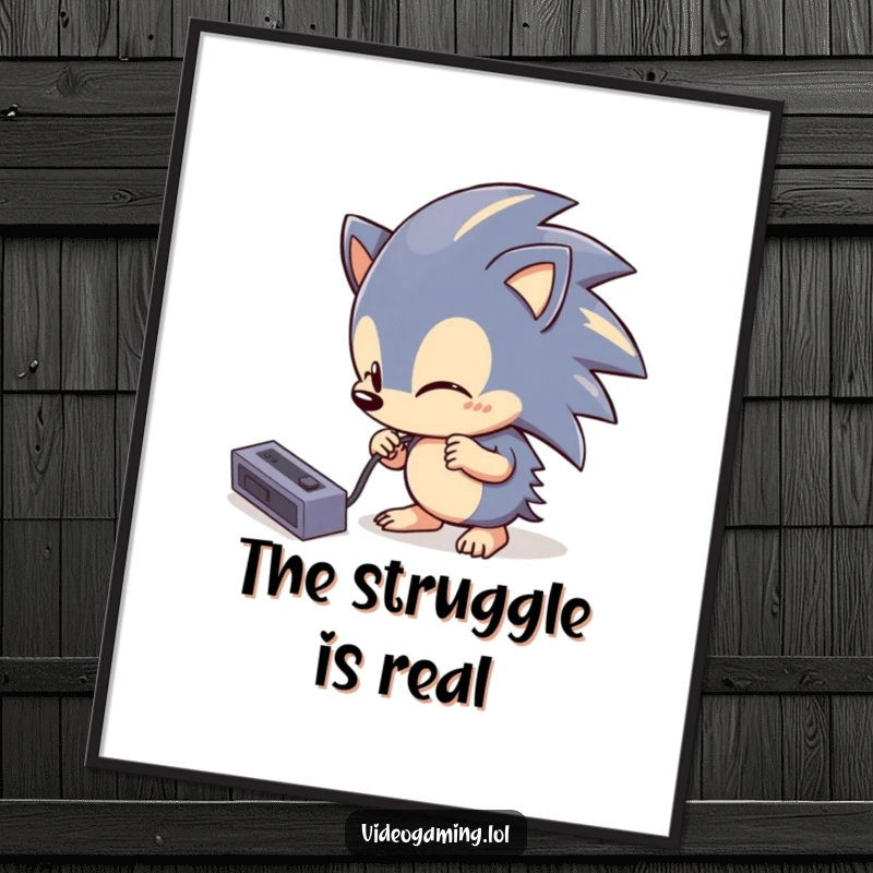 Funny Hedgehog Tech Poster: Artwork of a curious hedgehog comically trying to plug in a console cable, adding humor to decor.