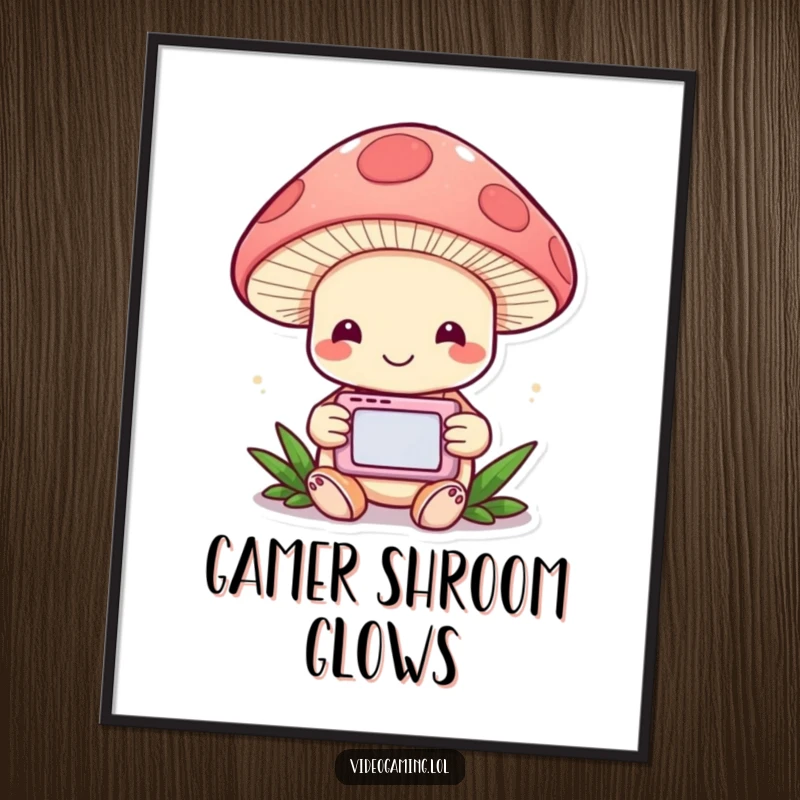 Funny Mushroom Gamer Poster: A cheerful mushroom is engrossed in playing a handheld video game, radiating joy and fun.