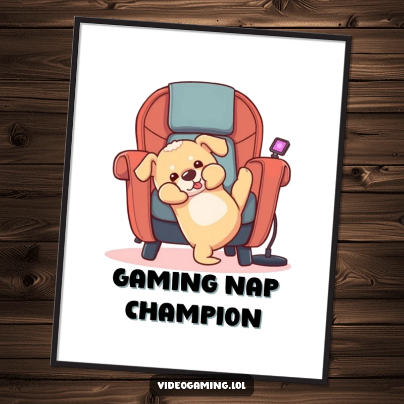 Funny puppy poster showing a cute golden retriever tumbling backward out of a gaming chair, capturing a hilarious gaming moment.