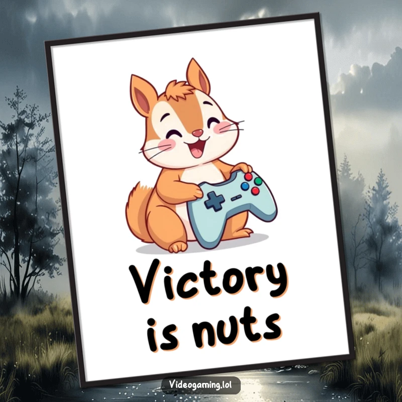 Funny squirrel with focused eyes, expertly mashing controller buttons, a hilarious poster for game room art.