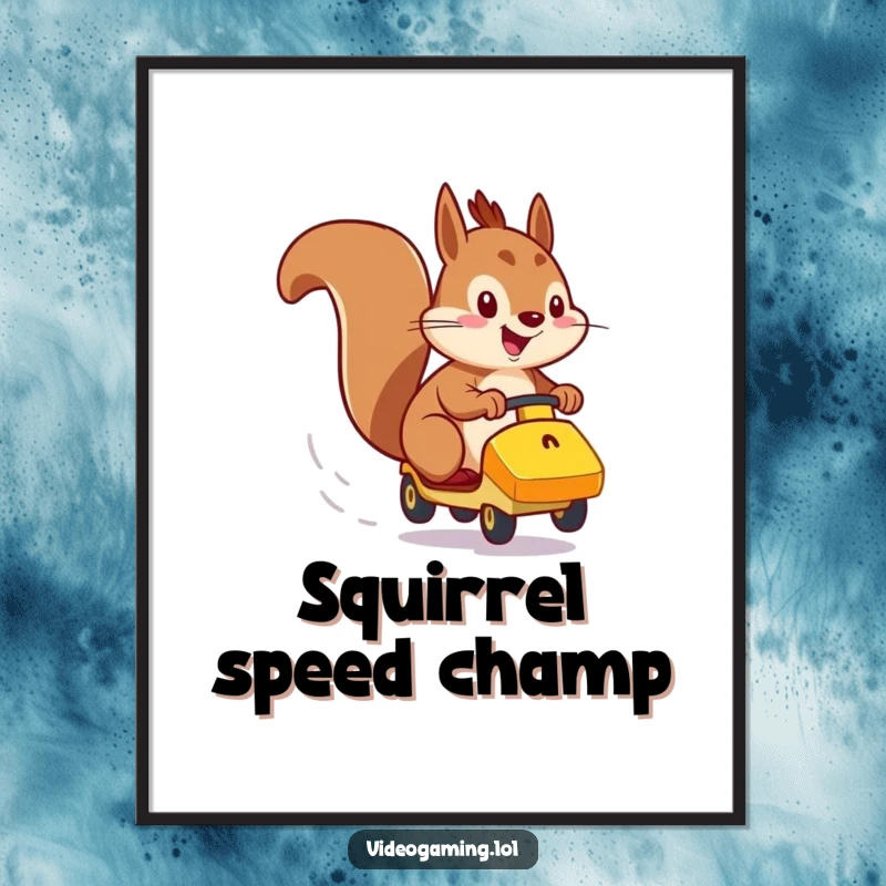 Funny poster art of an energetic squirrel racing a vehicle with intense speed and a focused, determined look.