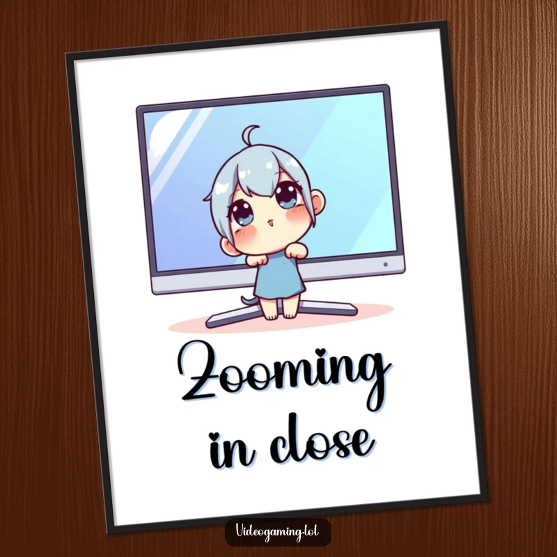 Funny Techie Poster: A curious character leaning closely into a large monitor, depicted in vibrant, humorous detail.