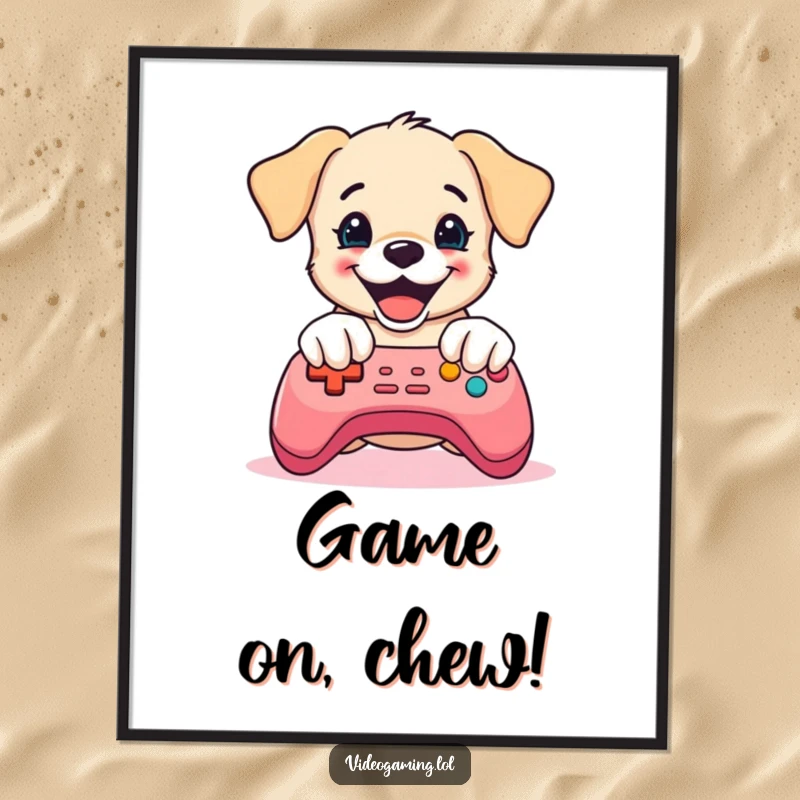 Funny Puppy Gaming Poster: A delighted puppy mashes game controller buttons with adorable intensity, creating a humorous gaming scene.