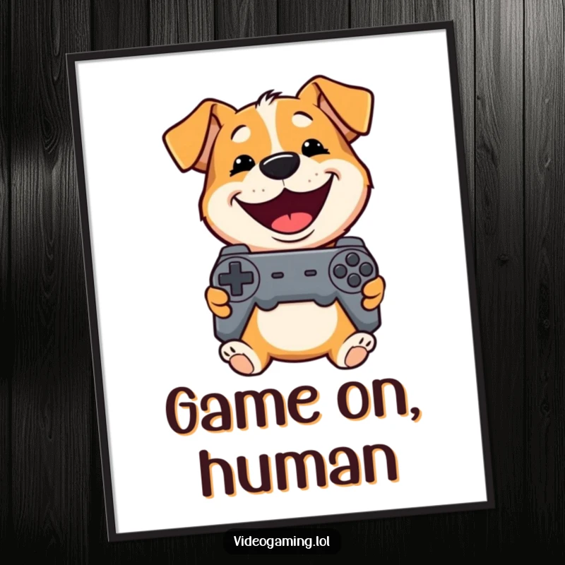 Funny Dog Poster: A playful dog grins widely holding a controller, depicted as art for ultimate gaming fun.
