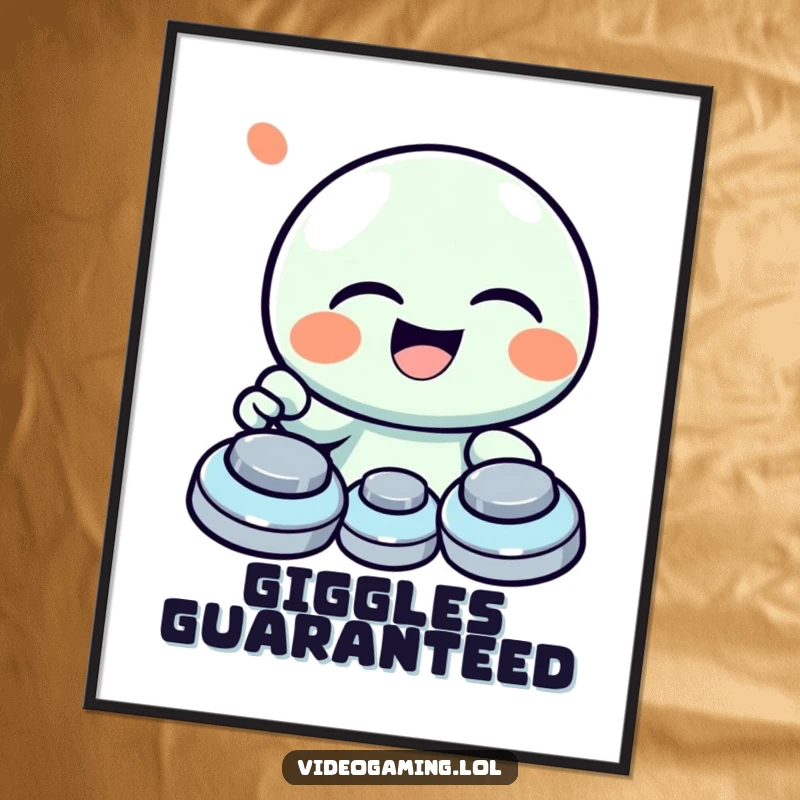 Funny poster art of a giggling character laughing heartily while frantically mashing game buttons with pure glee.