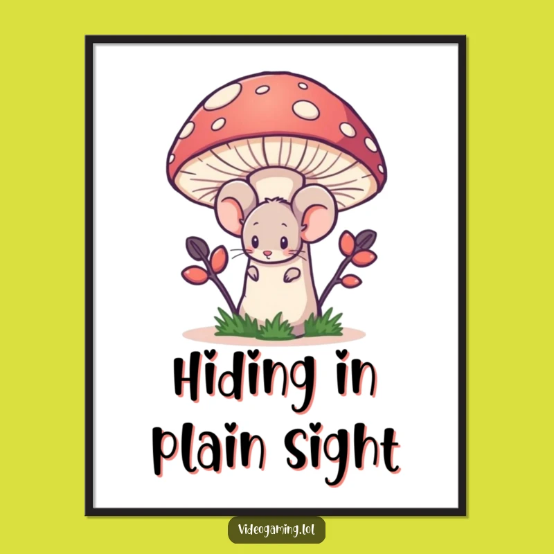 Funny Shy Mouse Poster: Pixelated Mushroom Hideaway Art