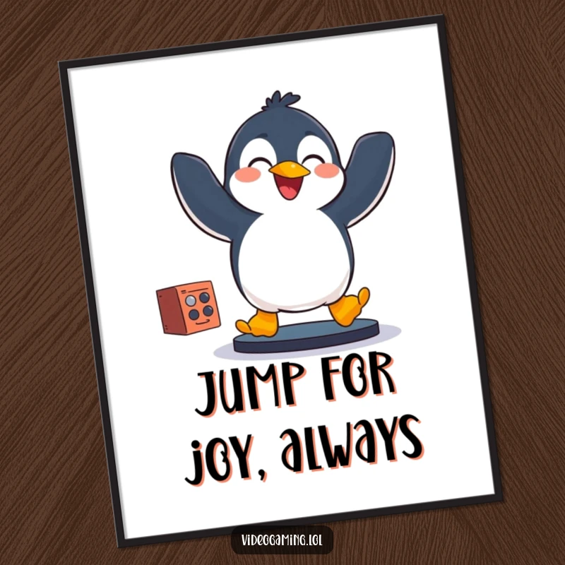 Funny penguin leaping with exhilaration while playing a video game, a hilarious poster for game room art.