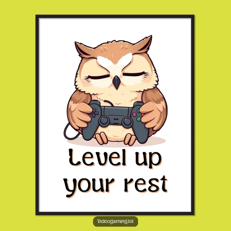 Funny Tired Owl Poster - Humorous Gamer Nap Wall Art Gift