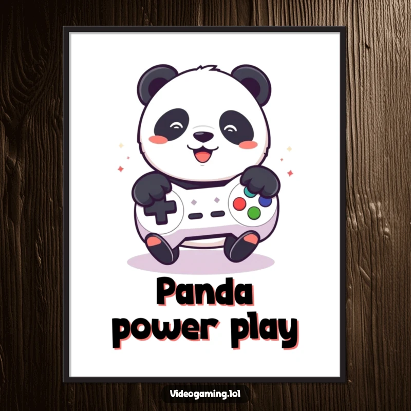 Funny poster art of a playful panda intensely mashing buttons on a video game controller, surrounded by gaming vibes.