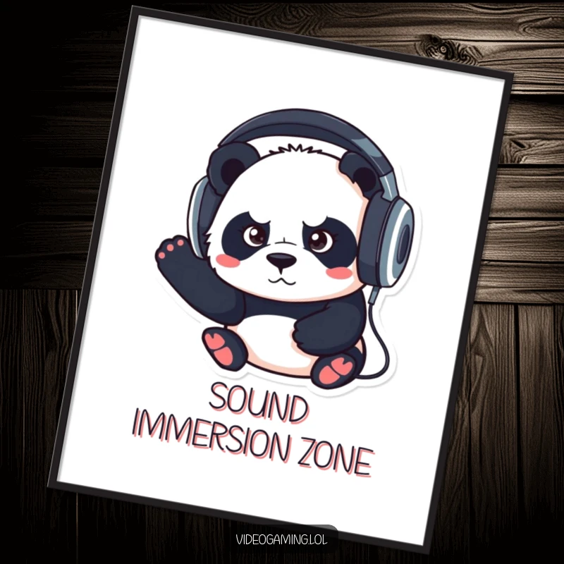 Funny poster art of a determined panda wearing huge headphones, intensely focused on music or a task.