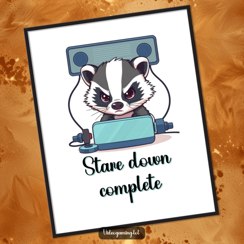 Funny Badger Gamer Poster: A determined badger stares intently at a virtual opponent, symbolizing gaming concentration.