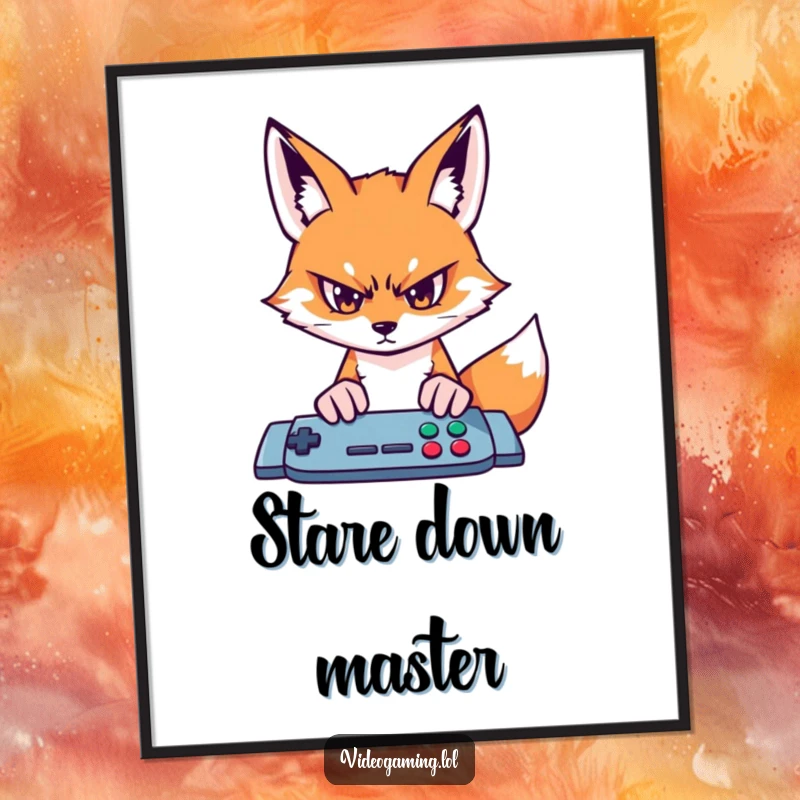 Funny fox gamer poster featuring an intense, determined stare at a game screen, wall art for focus.