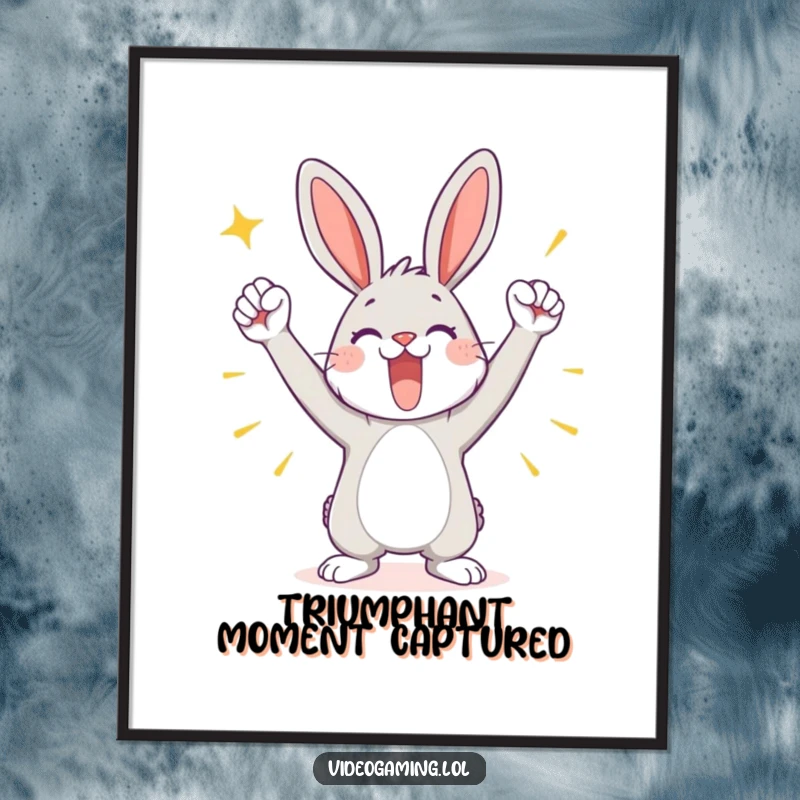 Funny poster print of a playful bunny striking a triumphant pose, celebrating a successful victory with pure joy and pride.