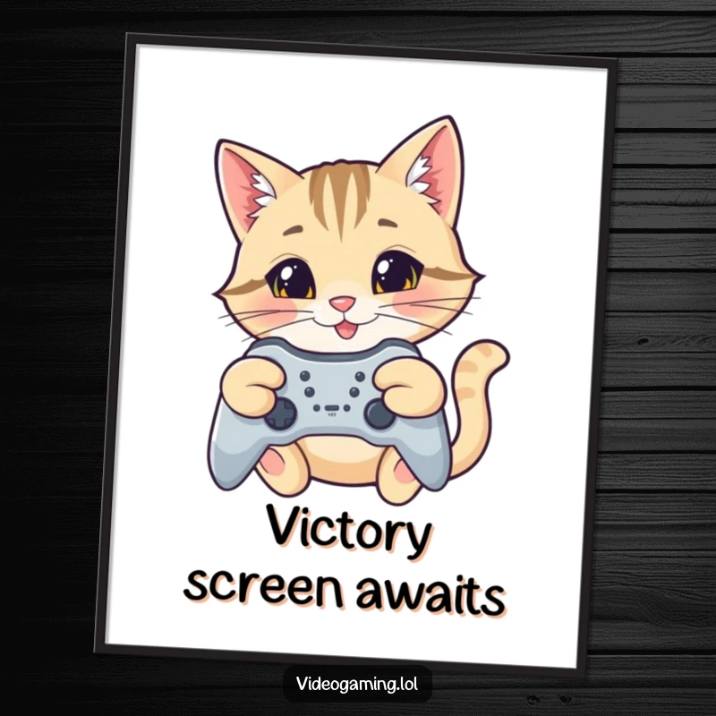 Funny cat gamer poster, a happy cat intensely aiming a game controller with a determined and focused smile.