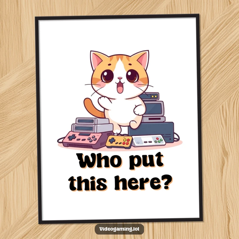 Funny poster showing a surprised cat comically stumbling over a mess of video game consoles, adding humorous gamer art to walls.