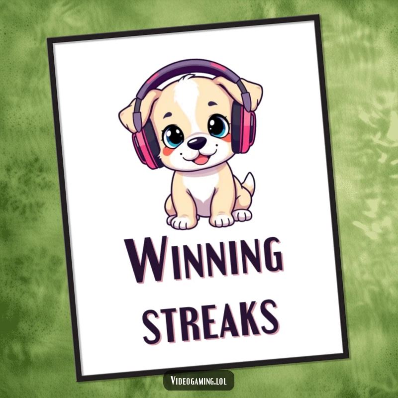 Funny Poster: A playful puppy wears oversized gaming headphones, depicted in a focused and immersive gaming stance.
