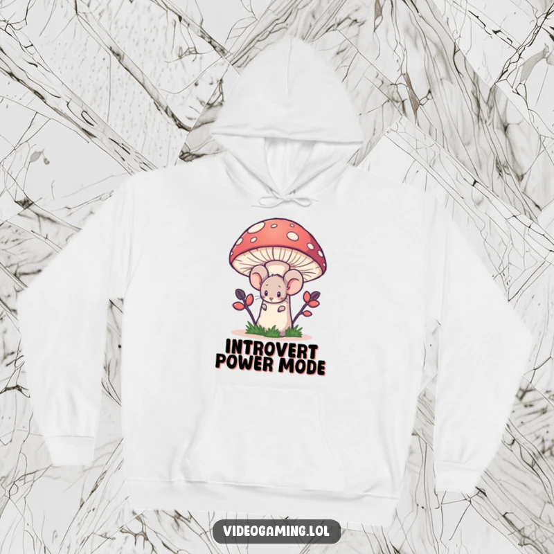 Funny hoodie with a shy mouse peeking from behind a giant pixelated mushroom, offering a sense of refuge.