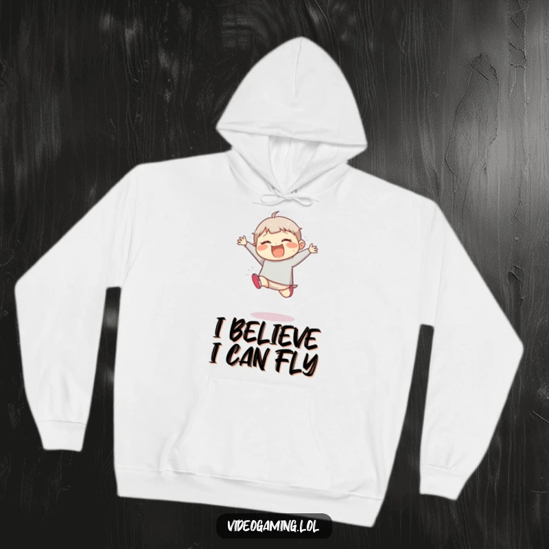 Funny hoodie showcasing a giggling character executing a big, floppy, clumsy jump with a look of pure, unadulterated amusement.