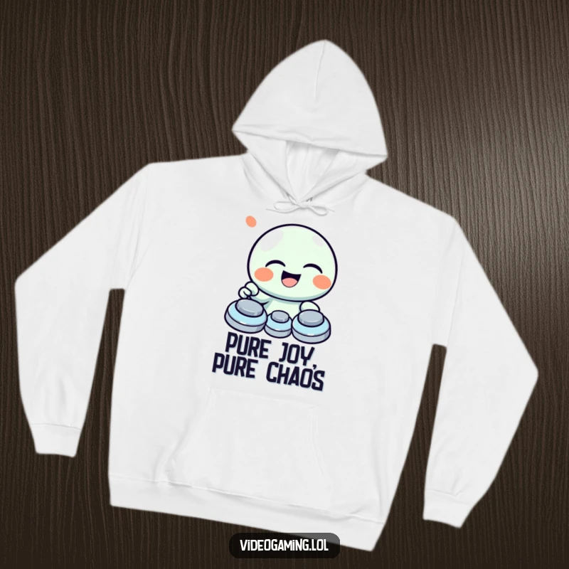 Funny hoodie featuring a giggling character laughing heartily while enthusiastically pressing game buttons.
