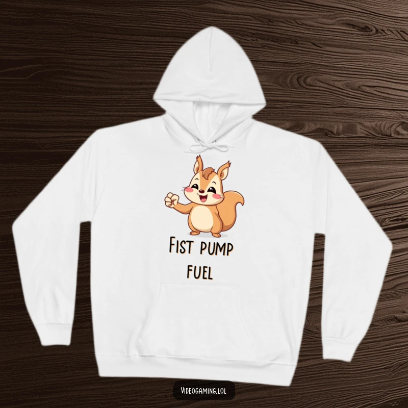 Funny Squirrel Hoodie: A cheerful squirrel pumps its fist in victory, offering cozy warmth and celebratory cheer.