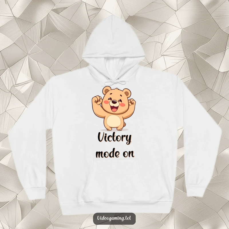 Funny hoodie featuring a happy bear triumphantly pumping its fist in the air, radiating pure joy.
