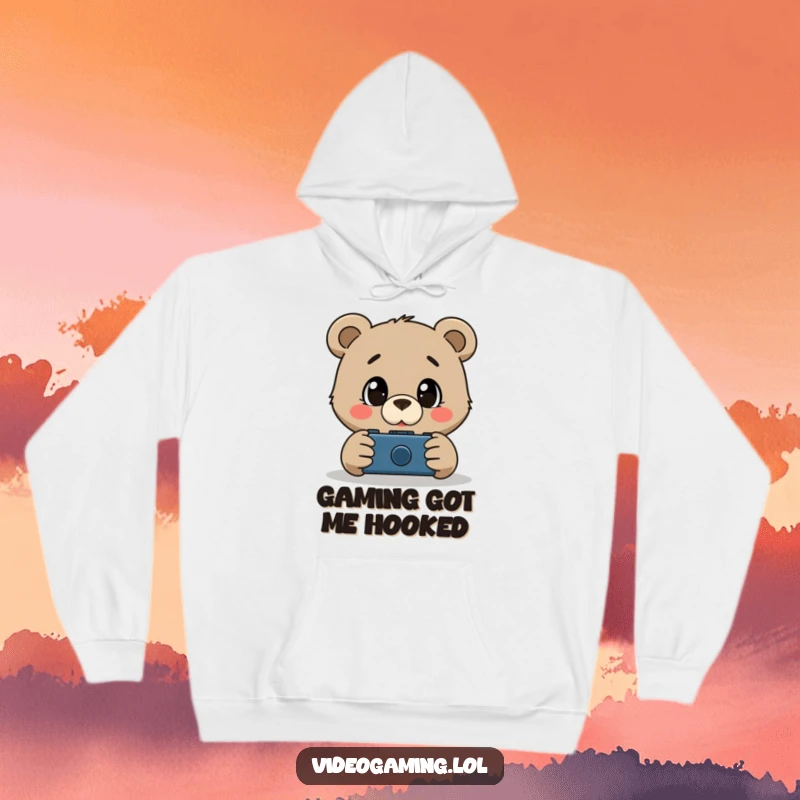 Funny hoodie depicting a curious bear with wide, astonished eyes observing gameplay on a screen, cozy gamer wear.