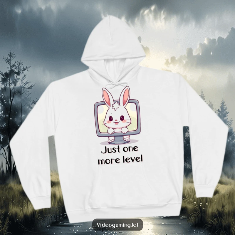 Funny hoodie depicting a cheerful rabbit staring intently at a glowing monitor, perfect for a humorous gamer's cozy setup.