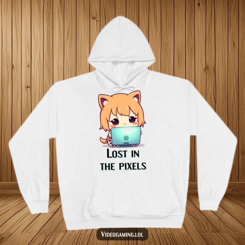 Funny hoodie depicting a curious character engrossed in a glowing screen, offering warmth and humor for tech-savvy individuals.