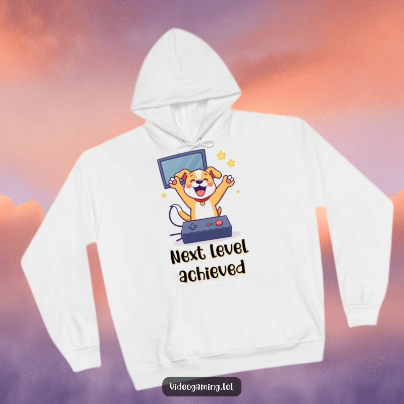 Funny dog gamer hoodie, jumping in excitement after winning a video game, cozy and humorous apparel.