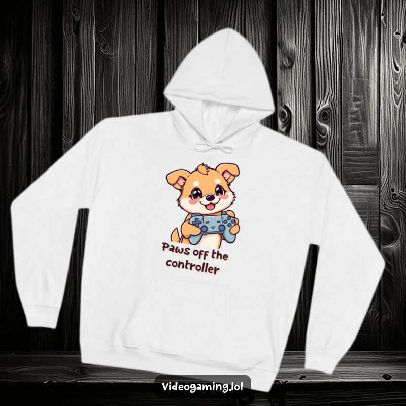 Funny hoodie depicting a happy dog controller in hand, eyes glued to a screen, embodying the ultimate gamer.