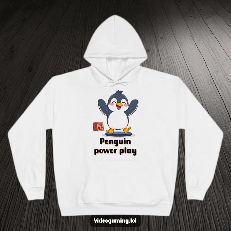 Funny penguin in a gaming headset, jumping with excitement, a cozy and hilarious hoodie for gamers.