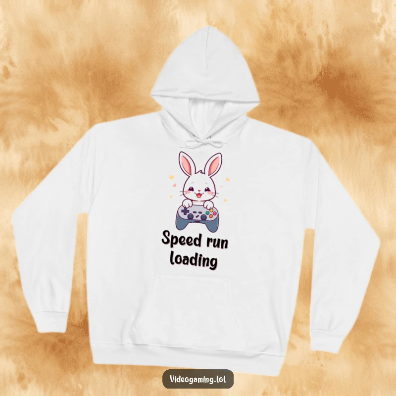 Funny rabbit gamer hoodie, showing a cheerful rabbit rapidly tapping game controller buttons, cozy apparel.