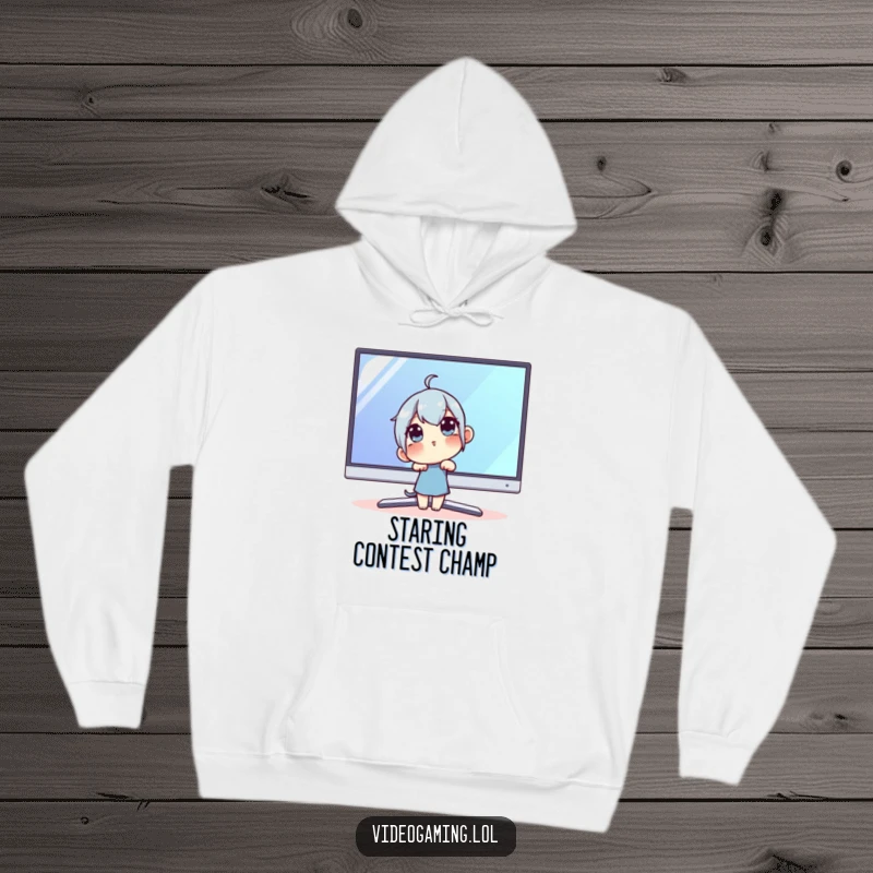 Funny Techie Hoodie: A curious character leaning close to a large monitor, offering warmth and a sense of digital wonder.