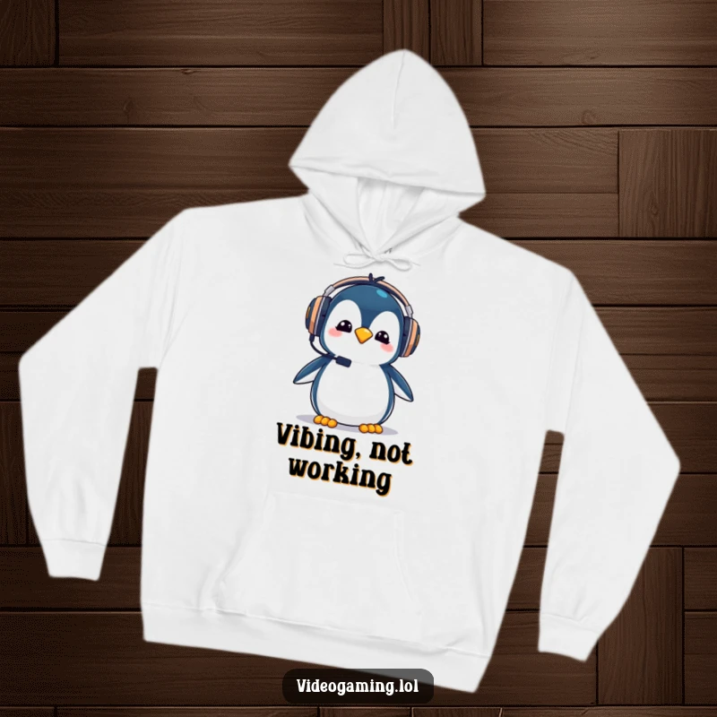 Funny penguin gamer hoodie, wearing oversized gaming headphones with a goofy expression, cozy and humorous.