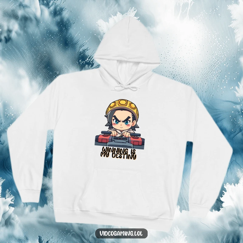 Funny hoodie featuring a determined character intensely concentrating on a fast-paced game, ready for victory.