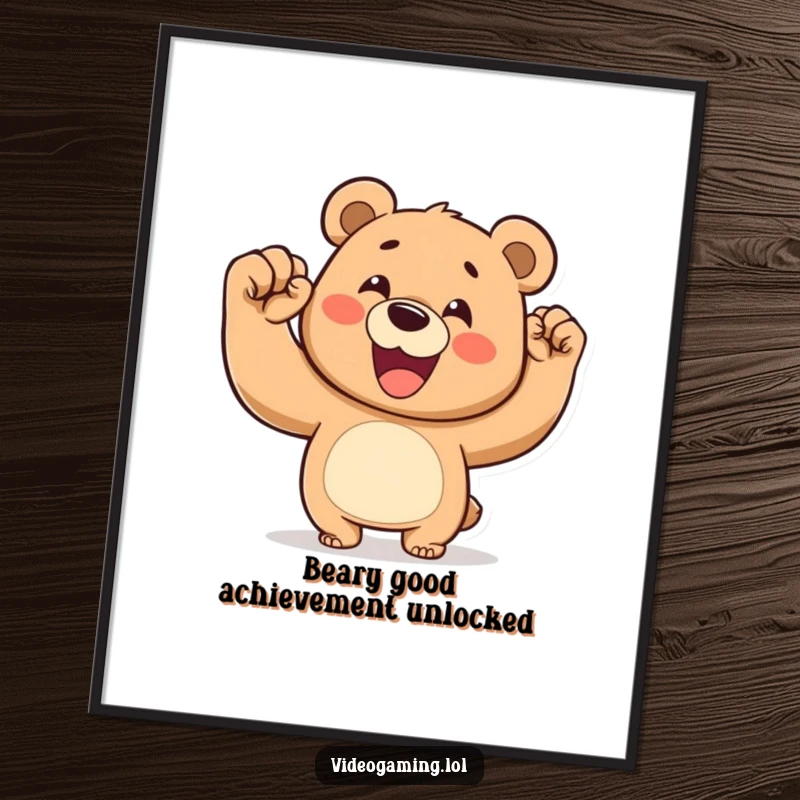 Funny Free Printable Wall Art: Happy bear pumping its fist in victory, a symbol of triumph.