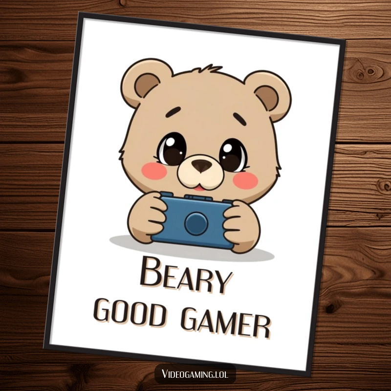Funny Free Printable Wall Art: A bear with wide, amazed eyes watching a video game, captivating digital art.
