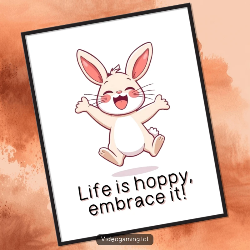 Funny Free Printable Wall Art: A super happy bunny caught mid-air, jumping with pure joy, adding a dose of cheer.