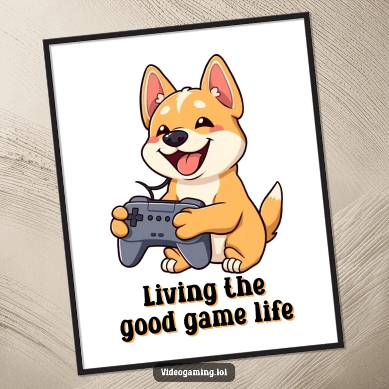 Funny Free Printable Wall Art: Playful dog grins widely holding a video game controller, a perfect piece of gaming decor.