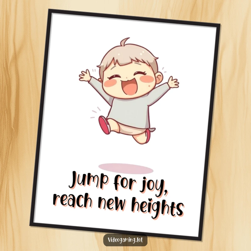 Funny Free Printable Wall Art: Giggling character executes a comically large, energetic jump, radiating pure happiness and fun.